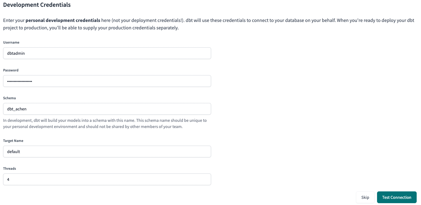 dbt Cloud - Redshift Development Credentials